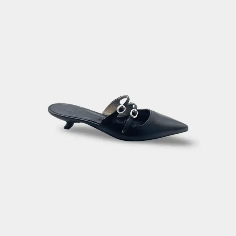 Navy kitten-heel mule with crystal detail made in Italy