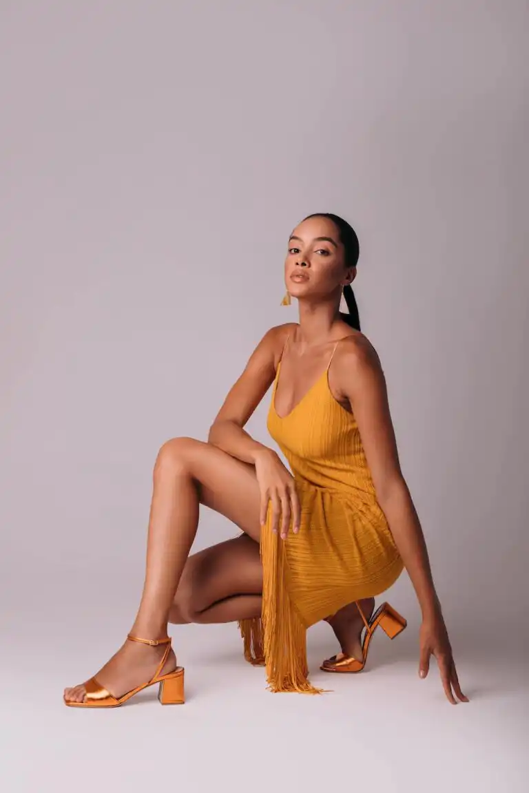 Sarah Maier orange heeled sandals worn on model, made in Italy with Italian Artisan