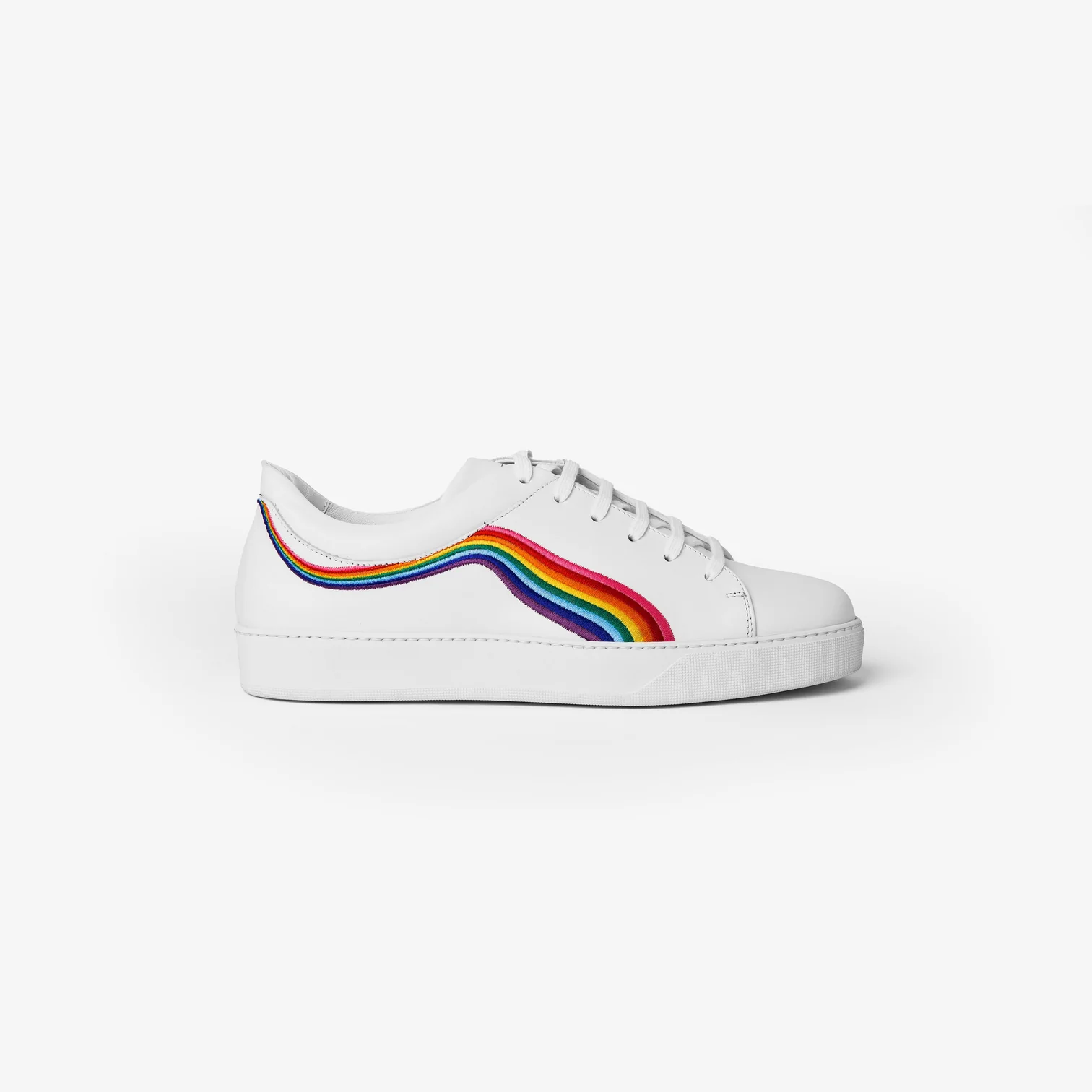 Sarah Maier white leather low-top sneaker with a rainbow stripe, made in Italy