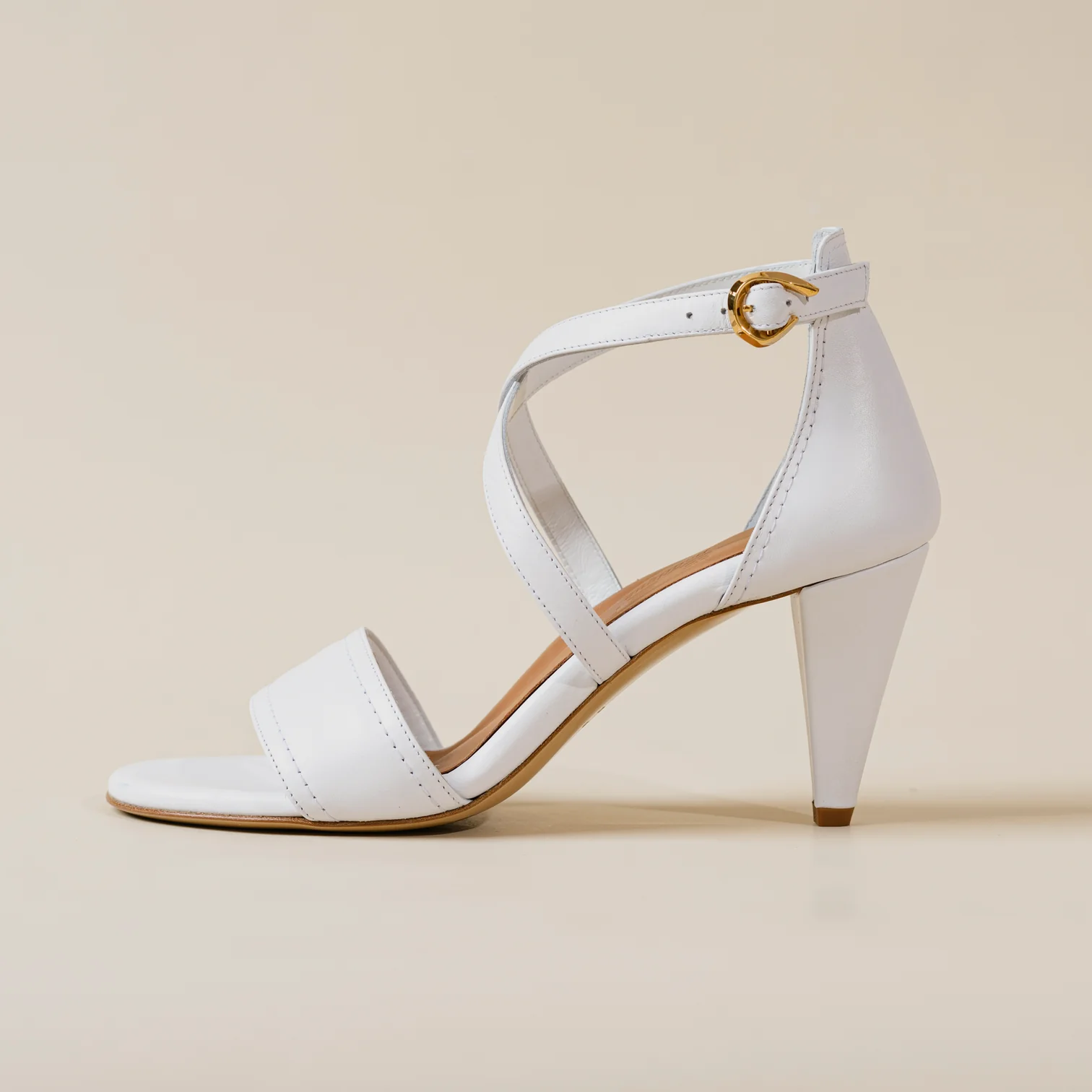 Lejer Boutique white heeled sandal with crossed straps, made in Italy