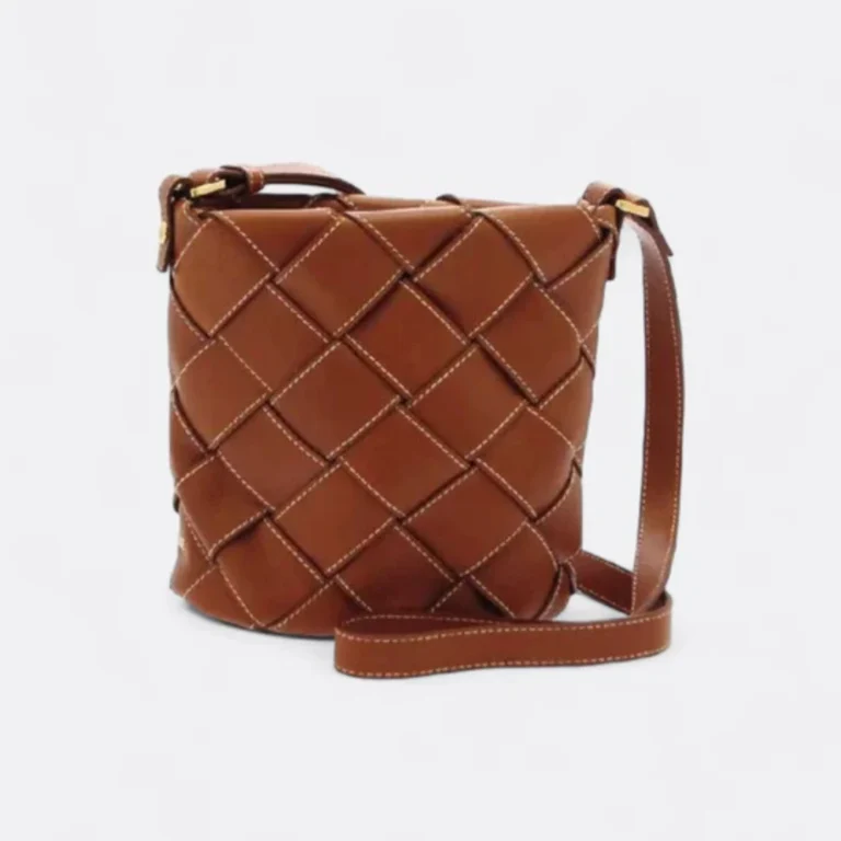 Cognac woven leather bucket bag made in Italy