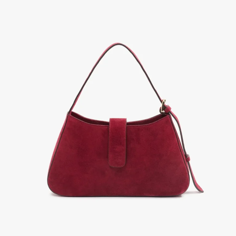 Burgundy suede handbag with front strap made in Italy