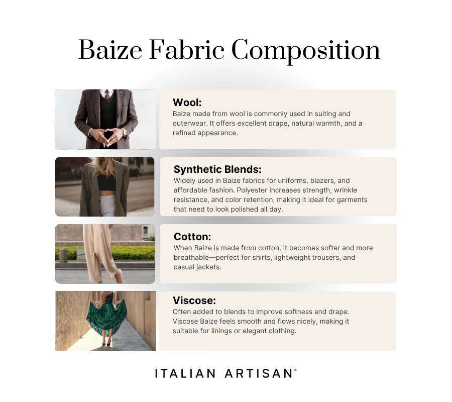 Baize can be made from wool, cotton, synthetic blends, and viscose.