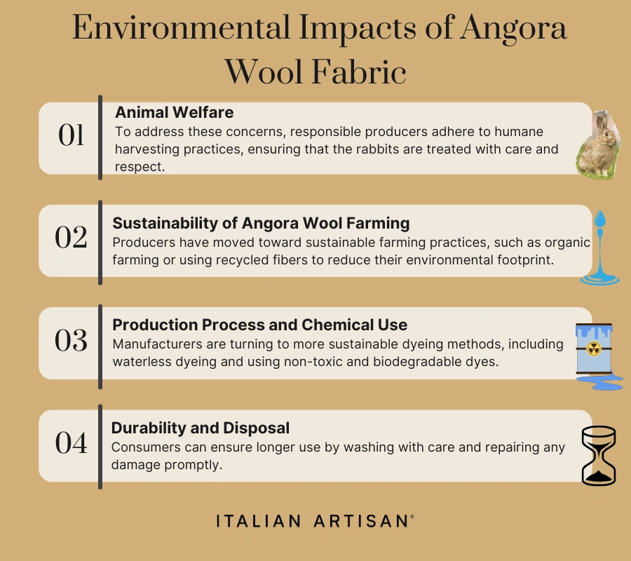 The environmental impacts of angora wool are animal concerns, sustainability of wool farming, chemical usage, and disposals/durability.