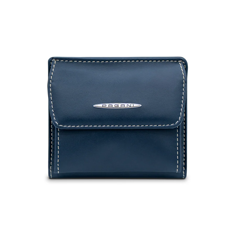 Pagani navy leather wallet with contrast stitching and a metal logo plate, made in Italy