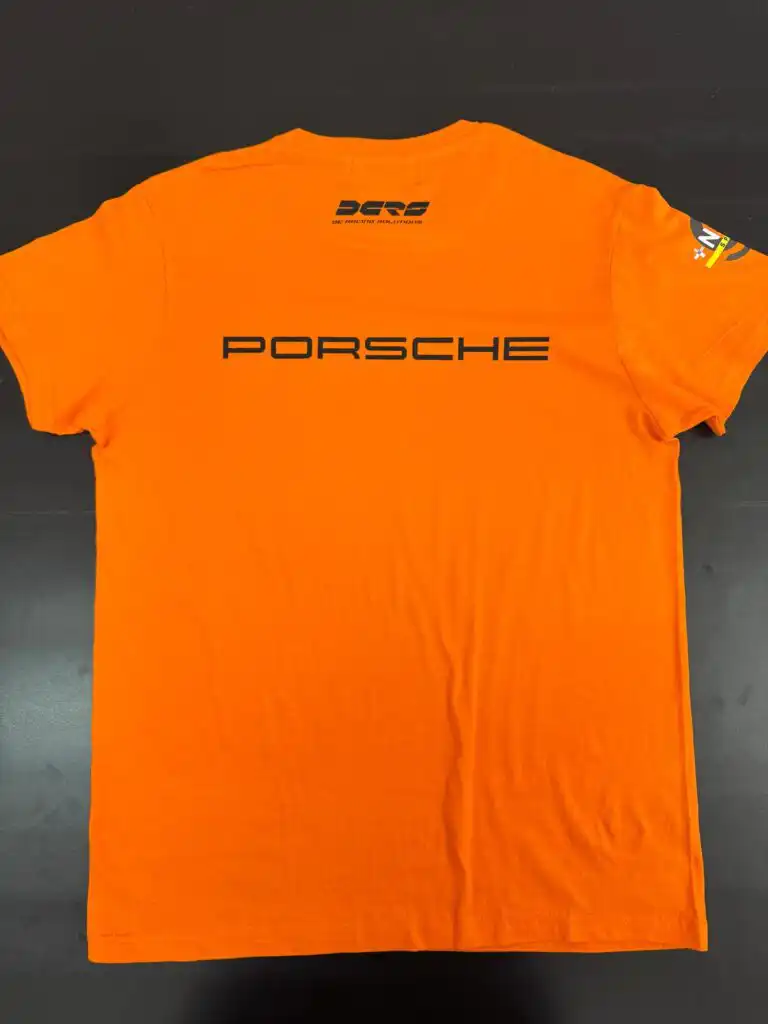 Iron Lynx orange team t-shirt with Porsche lettering made in Italy with Italian Artisan