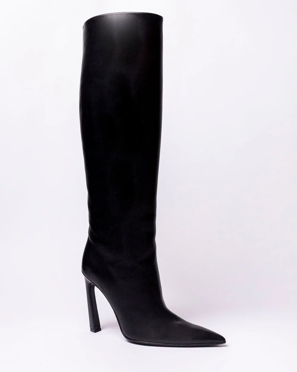 Black leather knee-high boot with a stiletto heel, made in Italy
