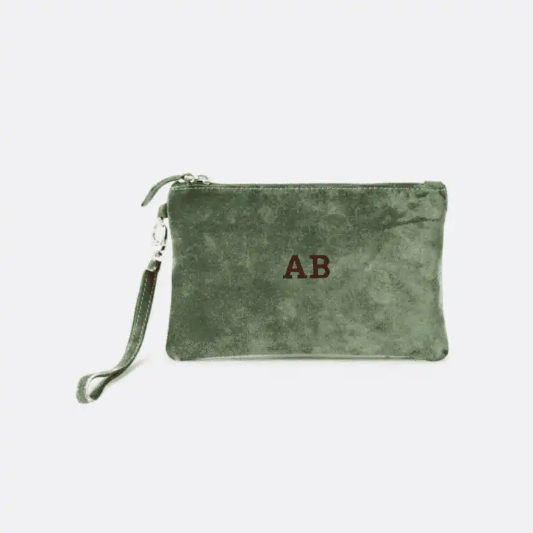 Green suede pouch with embroidered initials AB, made in Italy
