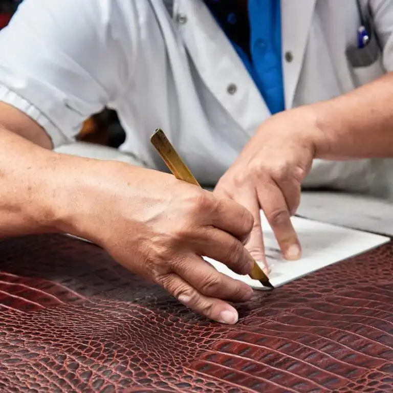 Cutting embossed leather by hand for a bag