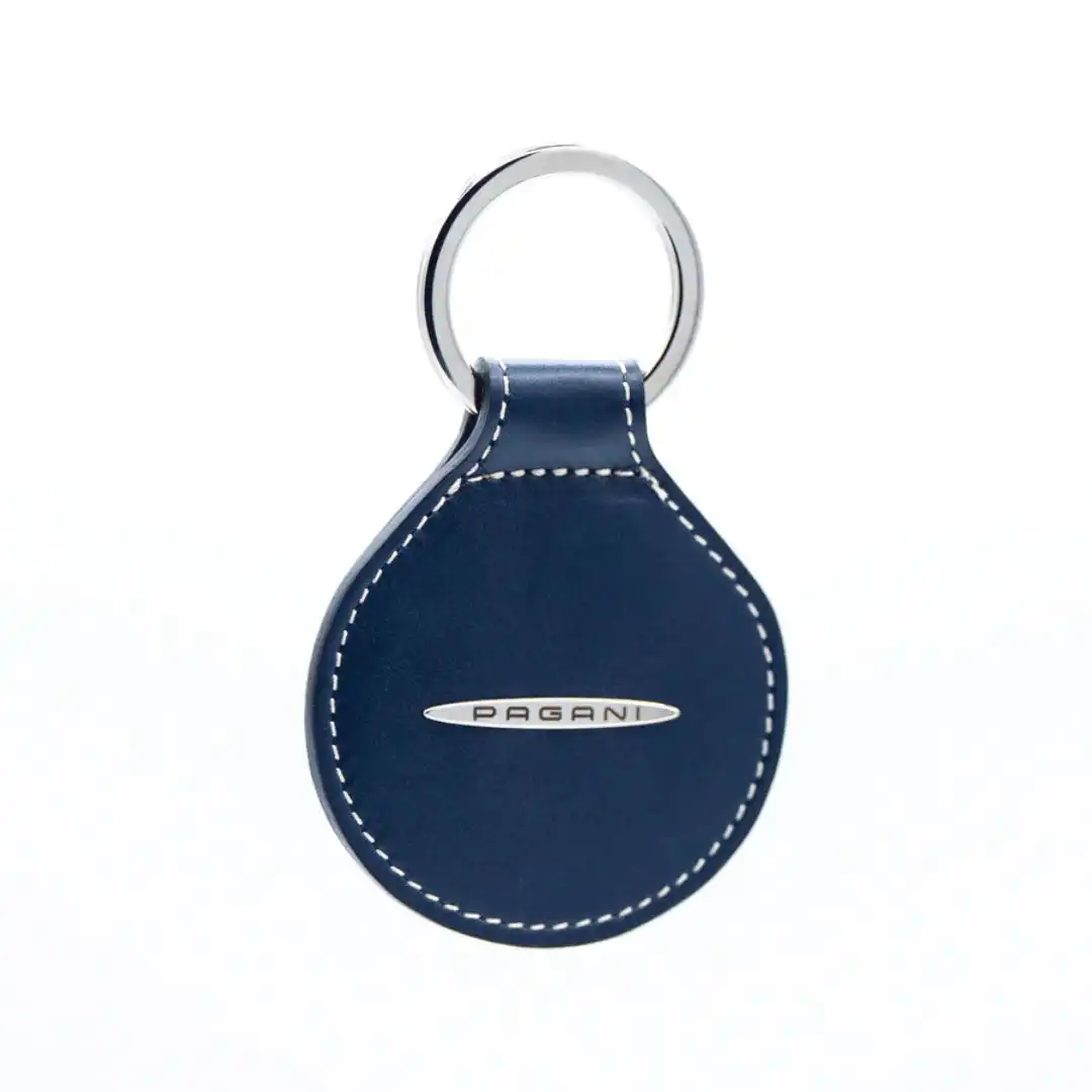 Pagani round blue leather keyring with a metal logo plate, made in Italy