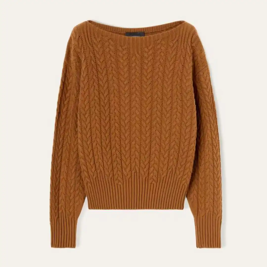Camel cable-knit boat-neck sweater made in Italy