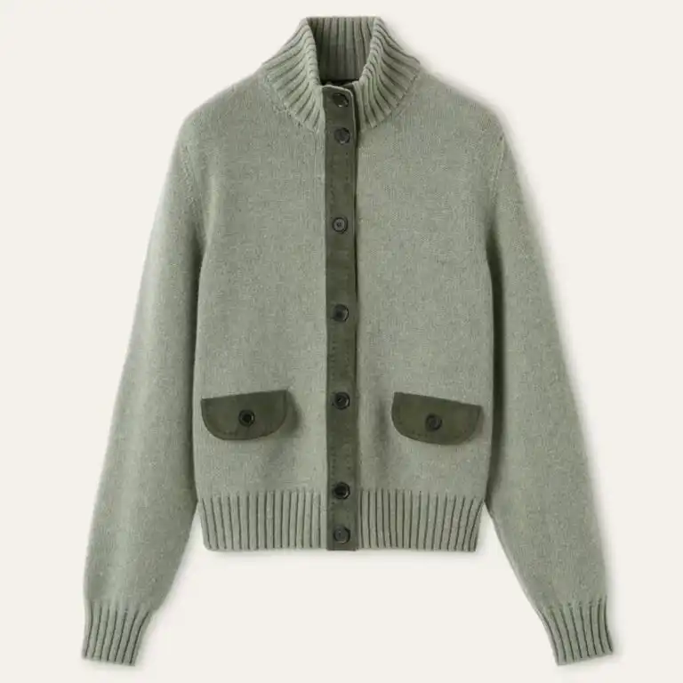 Sage green buttoned knit cardigan with pockets made in Italy