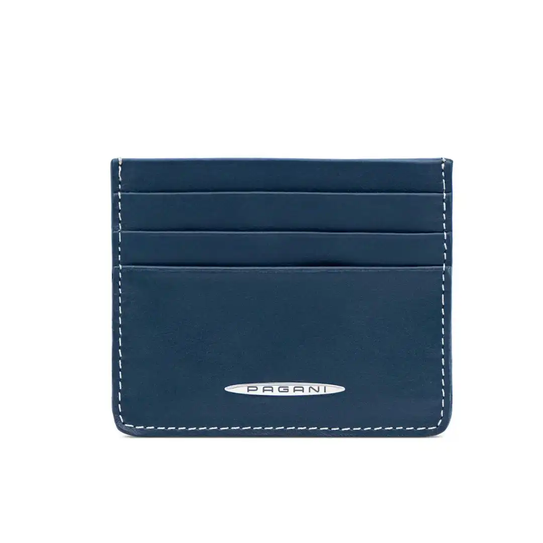 Pagani blue leather card holder with a metal logo plate, made in Italy