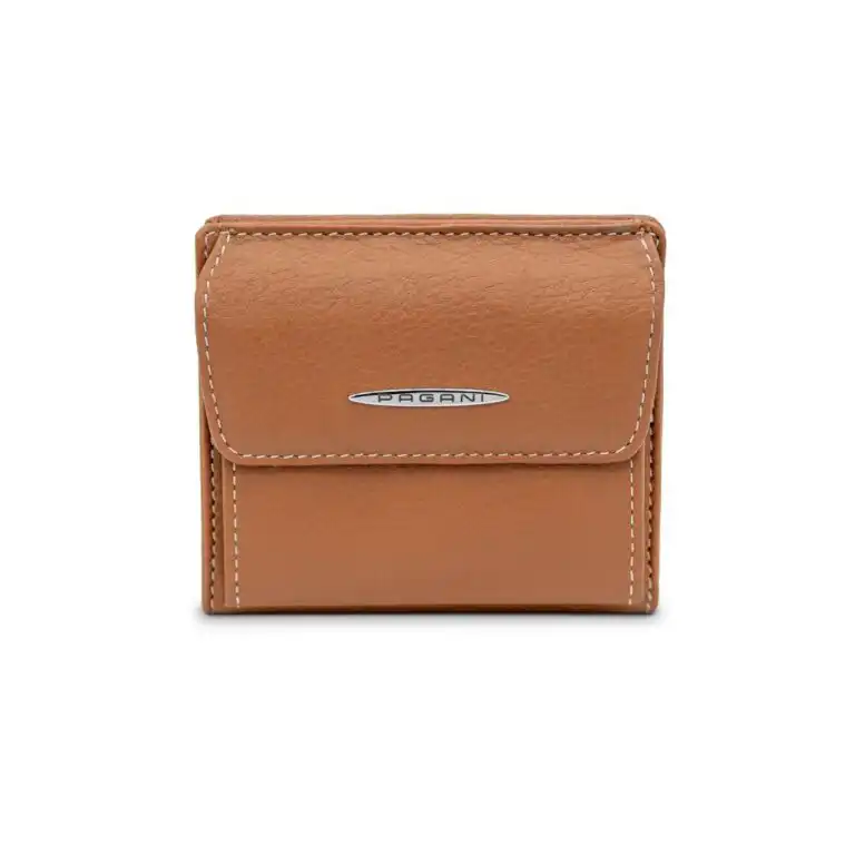 Tan leather coin purse with snap closure made in Italy