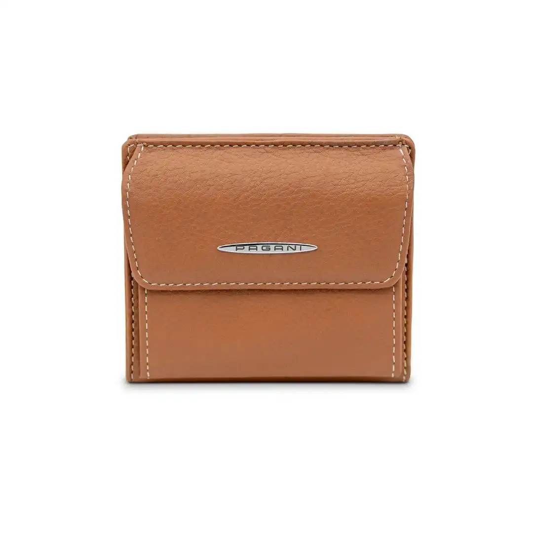 Pagani tan leather coin purse with a flap and a metal logo plate, made in Italy