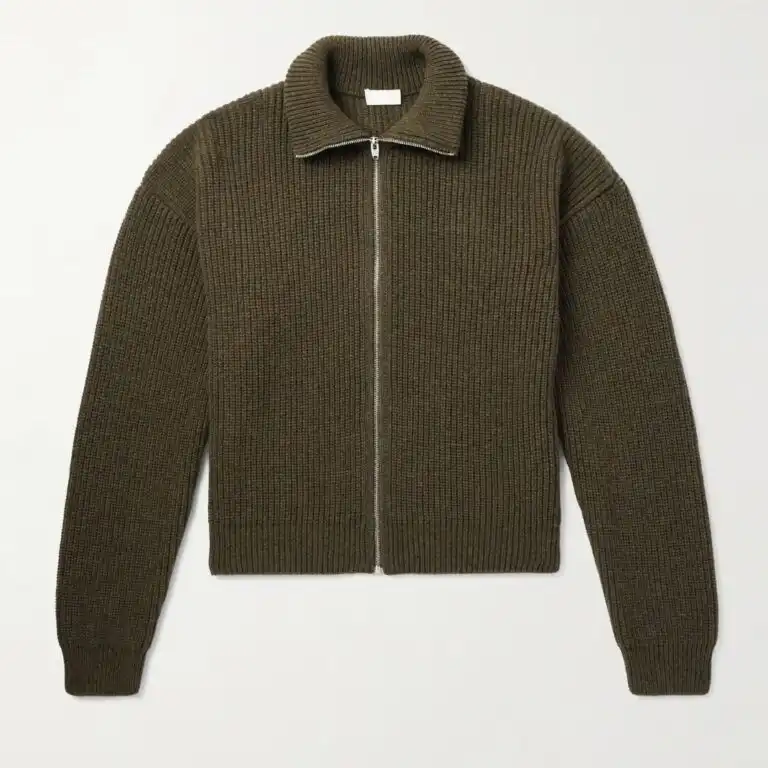 Dark green ribbed zip cardigan made in Italy