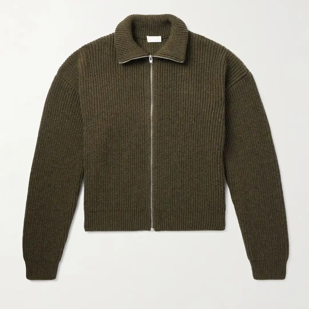 Olive ribbed knit jacket with a full zip and a collar, made in Italy