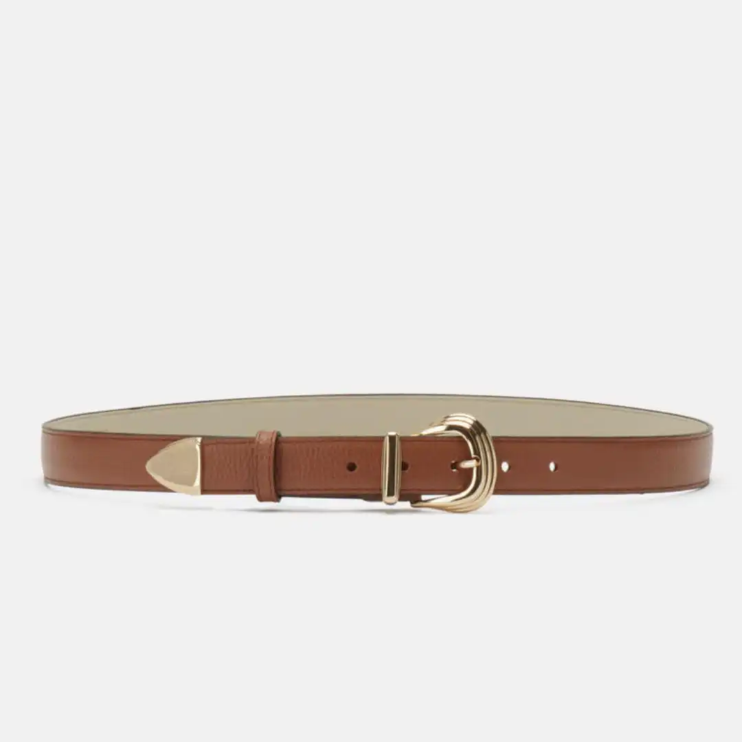 Tan leather belt with a gold buckle and metal tip, made in Italy