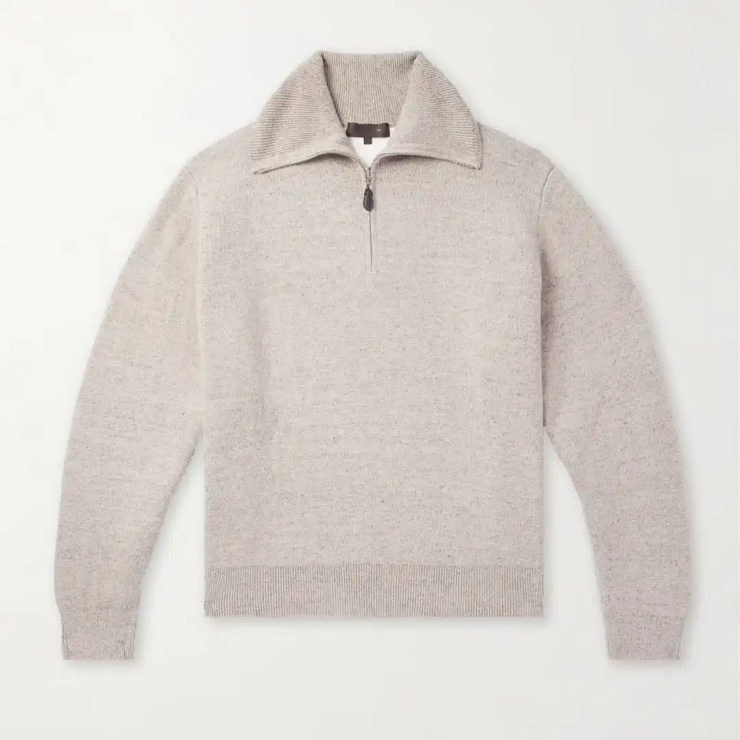 Beige half-zip knit sweater in a wool-linen blend made in Italy