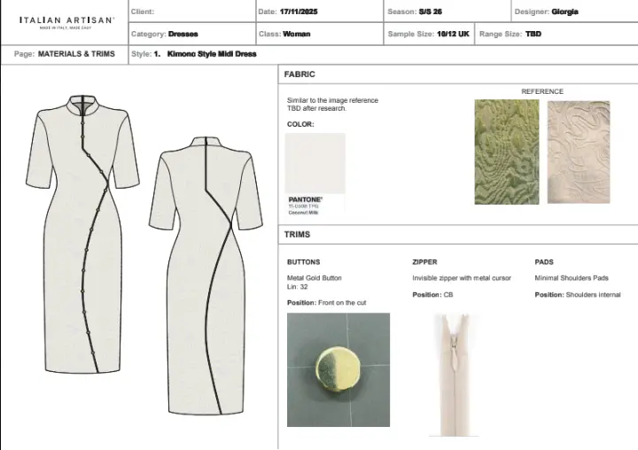 A clothing tech pack with technical sketches and fabric swatches laid out on a worktable