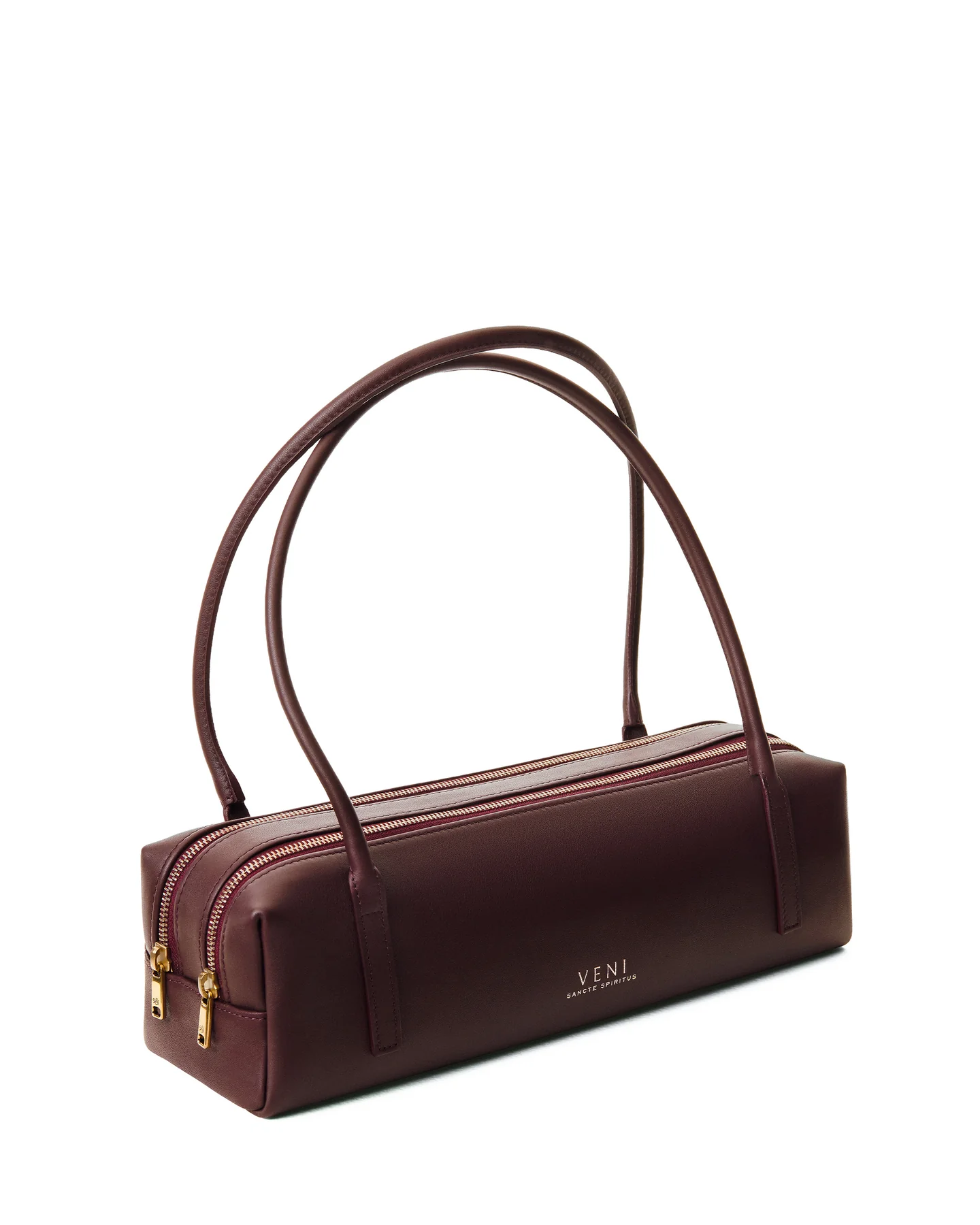 Maison Veni Hannah baguette bag in bordeaux leather with double top handles, front view