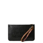 Black embossed leather clutch with a tan strap, made in Italy