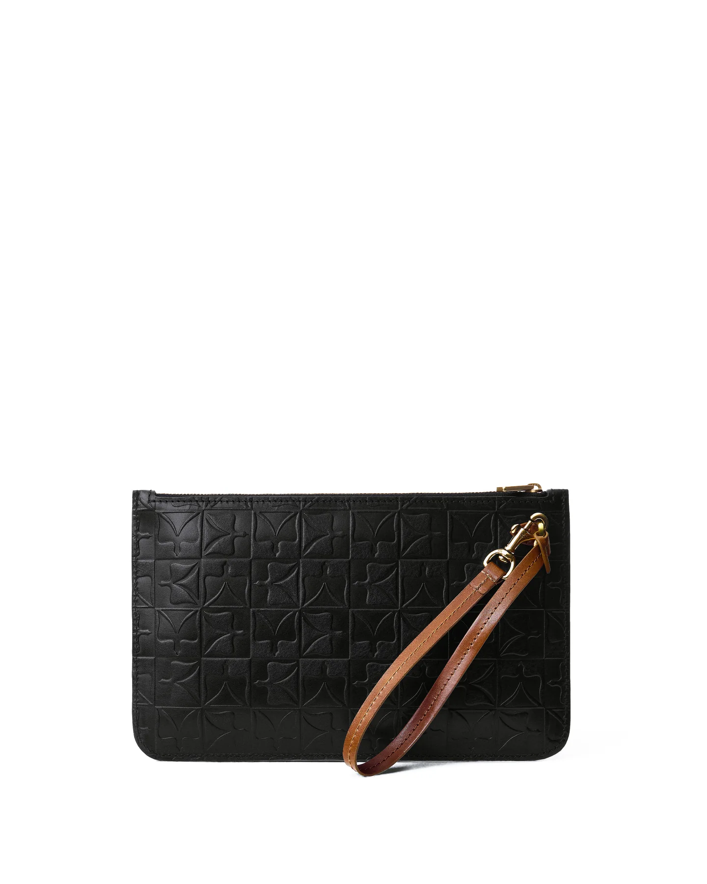 Maison Veni Sarah clutch in black embossed leather with a tan leather wrist strap