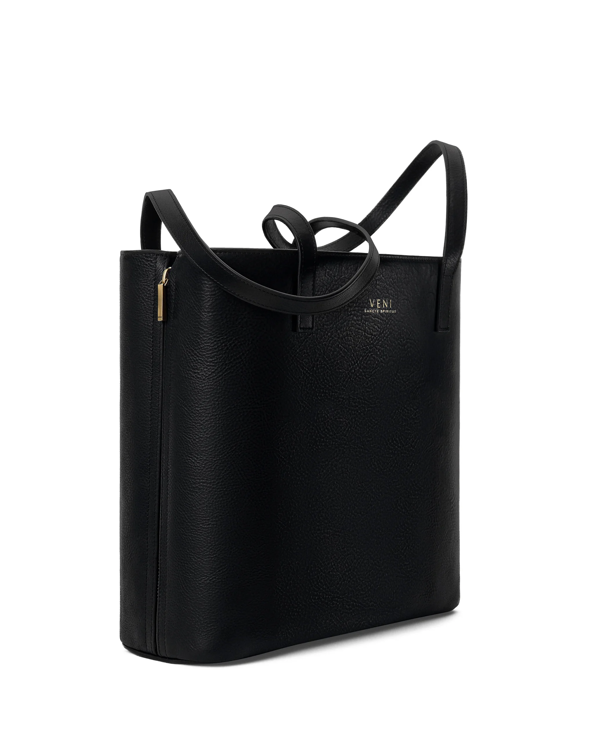 Rebekah tote in black leather, side view showing the zipped gussets and gold hardware