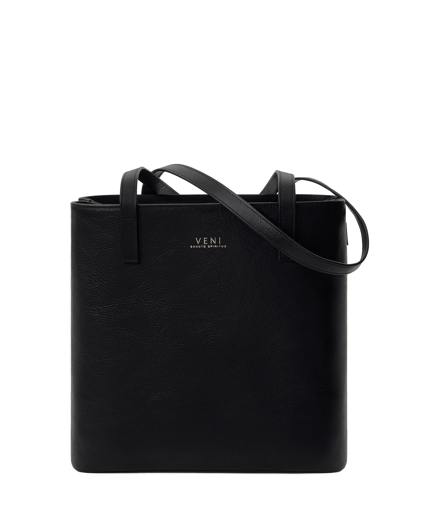 Maison Veni Rebekah tote in black matte Nebraska leather with gold-tone hardware, front view