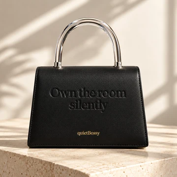 quietBossy The CEO handbag in matte black leather with the embossed slogan Own the room silently and a gold-foil quietBossy logo