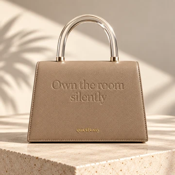 quietBossy The Echo edition: soft sand structured handbag with embossed slogan and gold-foil logo