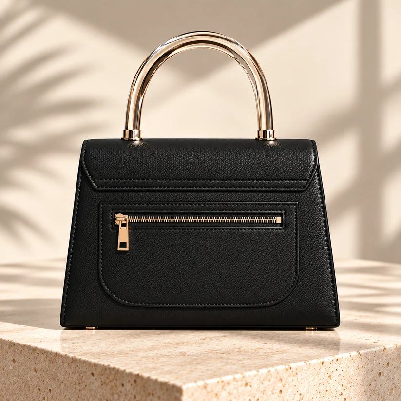 Back of The CEO handbag: zipped pocket with gold zip under the acrylic handle