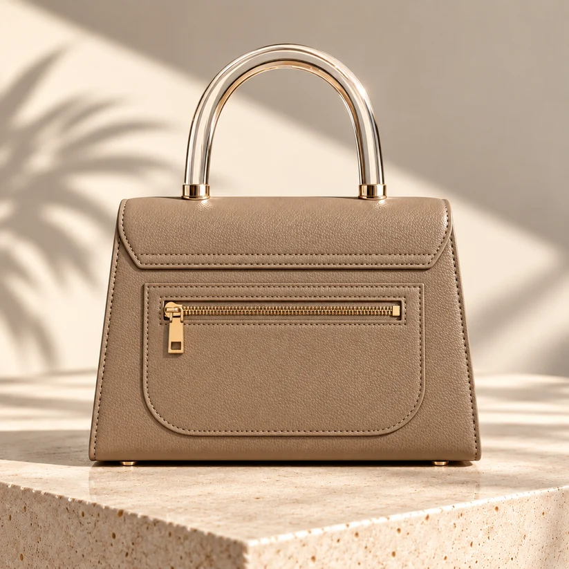 Back of The Echo handbag in sand leather with gold zip pocket and acrylic handle