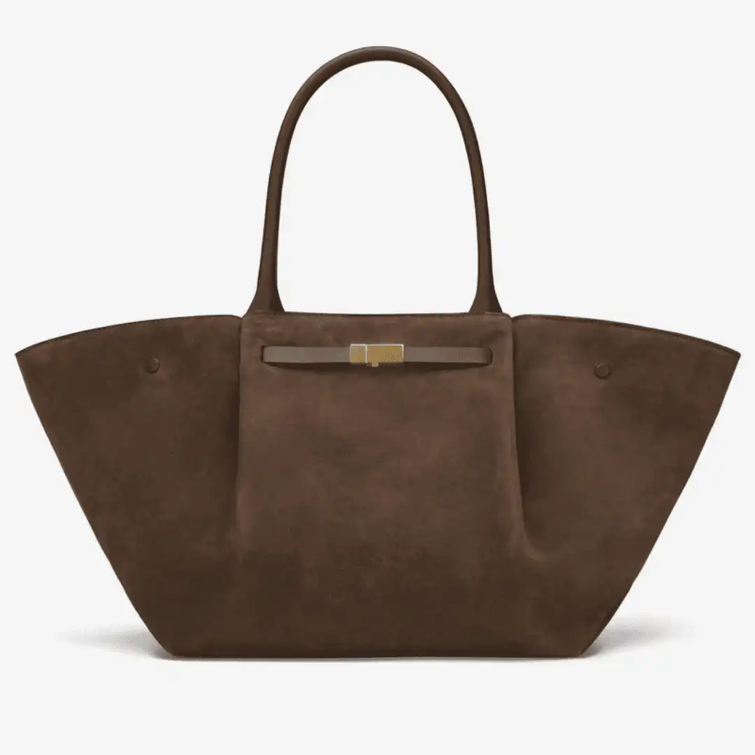 Brown suede tote with two handles and a metal clasp, made in Italy