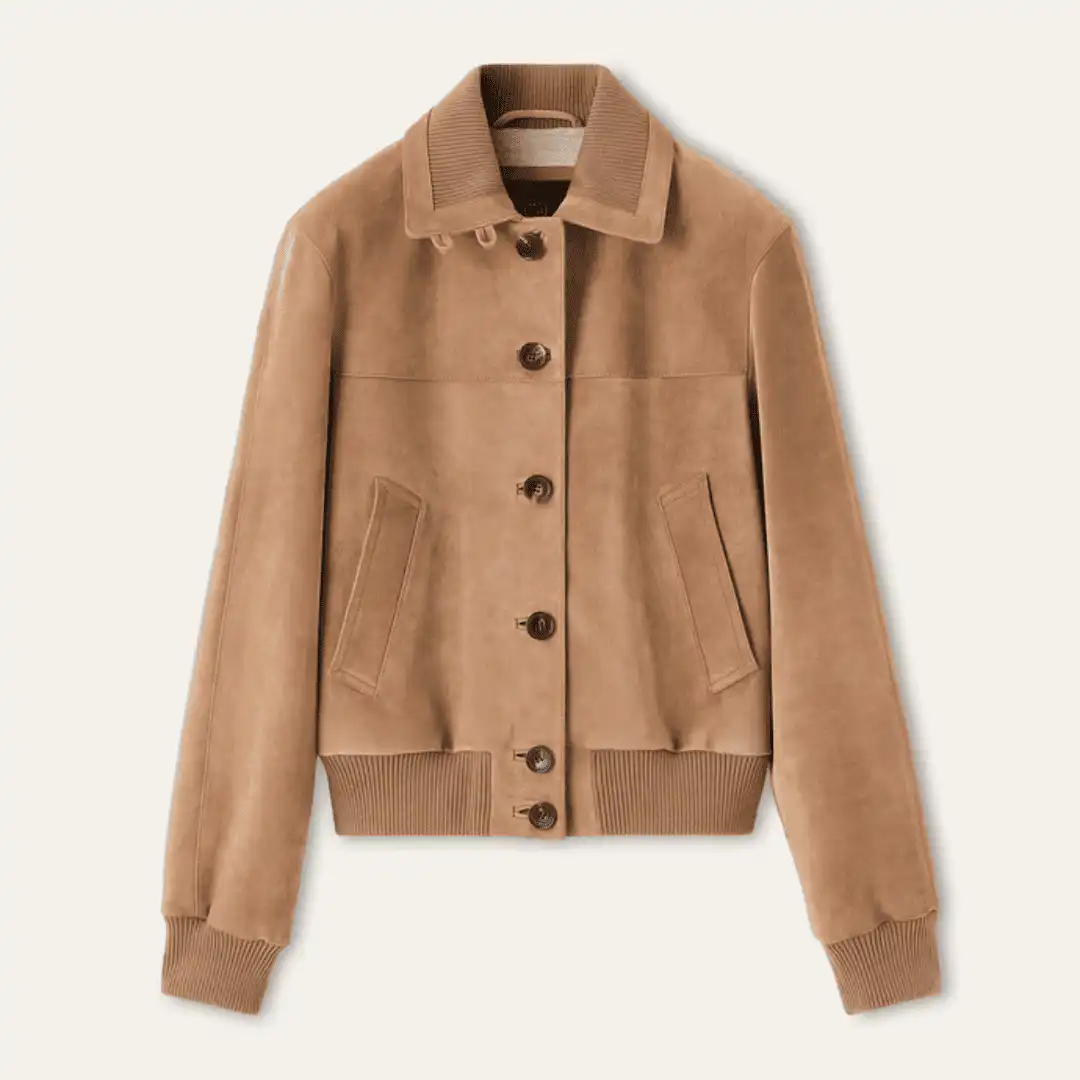 Camel suede jacket with a ribbed collar, made in Italy