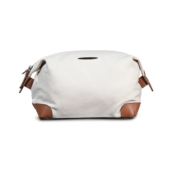 Pagani cream canvas beauty case with tan leather trims, made in Italy