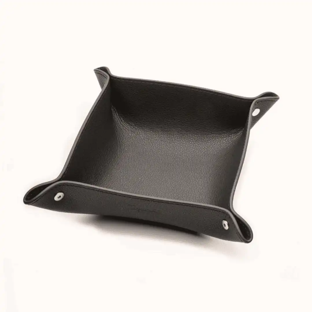 Black leather valet tray with snap corners, made in Italy