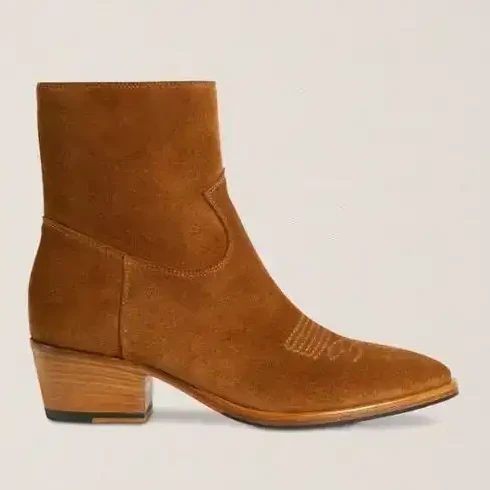 Tan suede ankle boot with western stitching and a stacked block heel, made in Italy