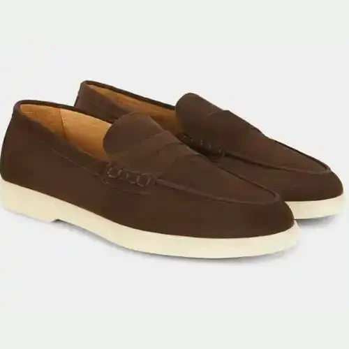 Pair of brown suede penny loafers with a light rubber sole, made in Italy